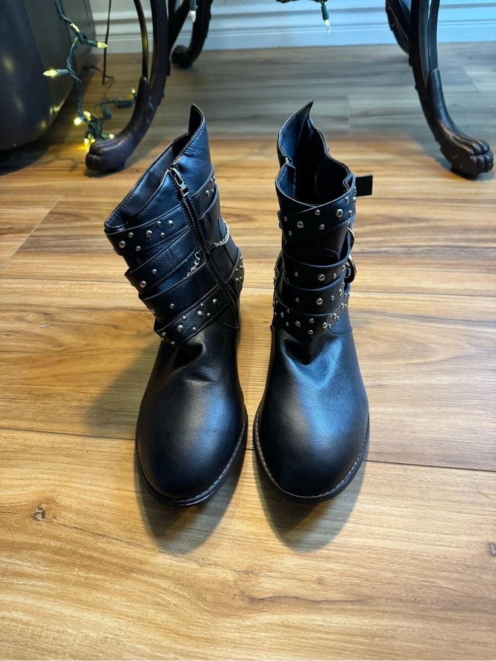 Women's Black Studded Ankle Booties with Decorative Straps